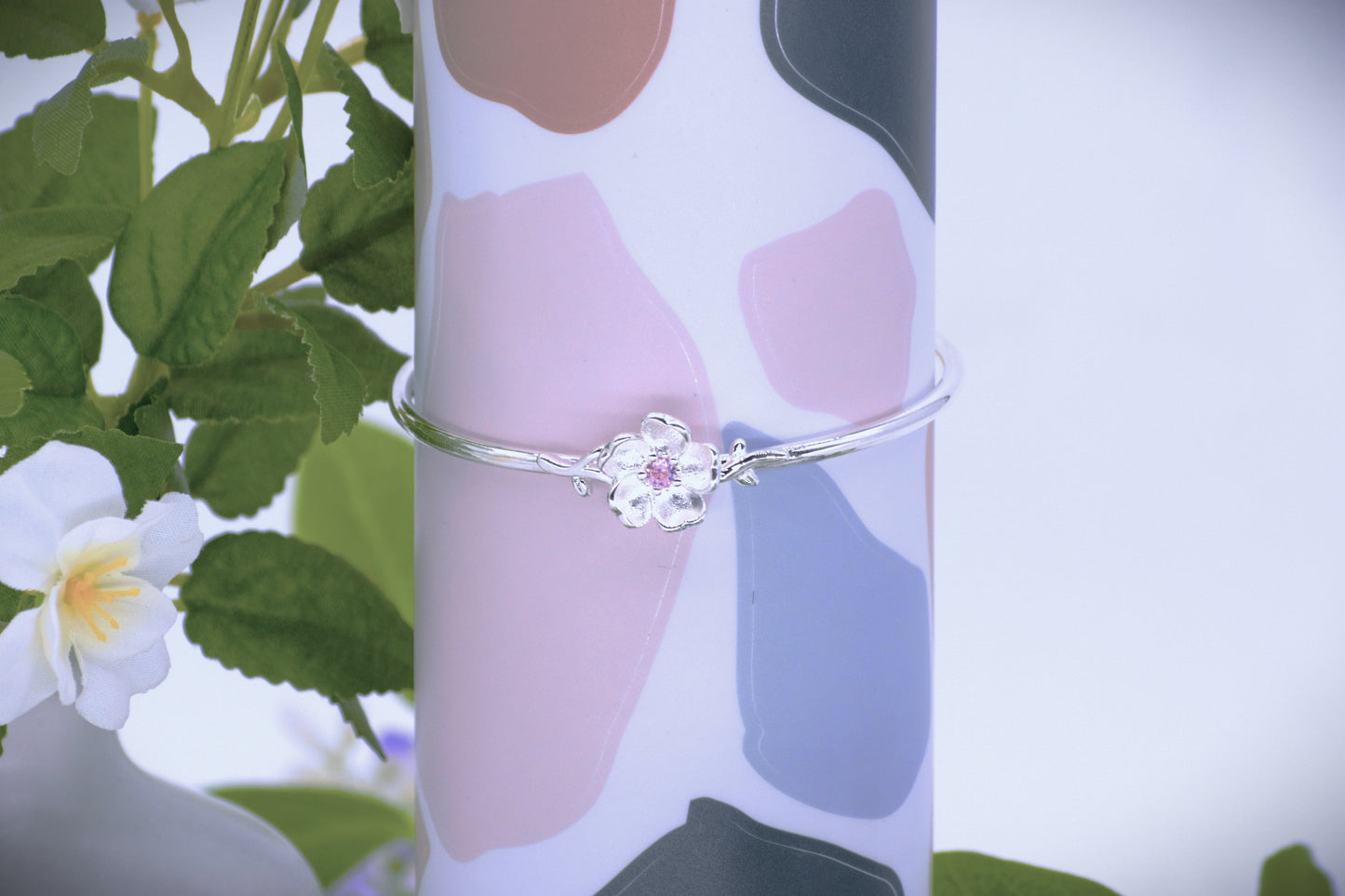 Cherry Blossoms Pink | Silver Crystal Flower Bangles