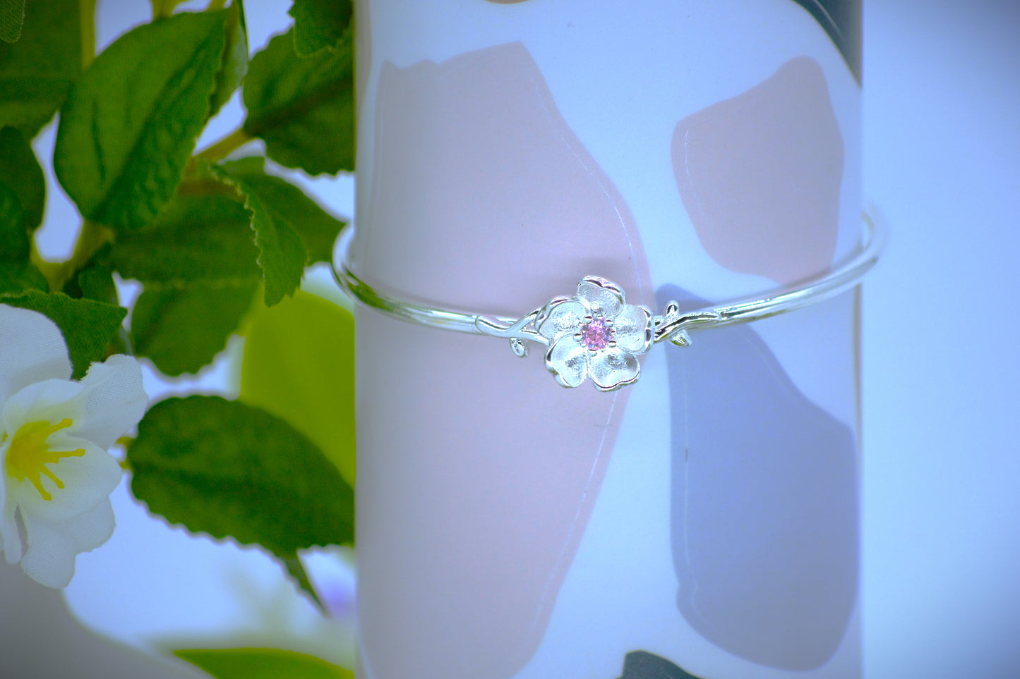 Cherry Blossoms Pink | Silver Crystal Flower Bangles